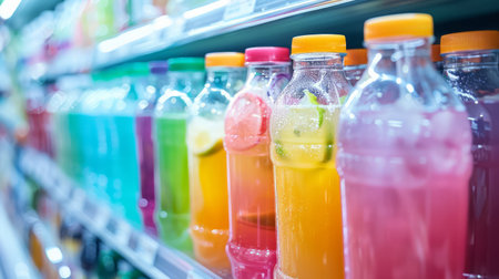 Bottles of colorful fruit juice on shelf in supermarket, shallow depth of fieldの素材
