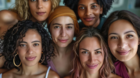 Portrait of diverse multiethnic women looking at camera and smilingの素材