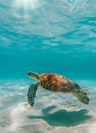 Hawaiian green sea turtle swimming in the clear waters of the Pacific Oceanの素材