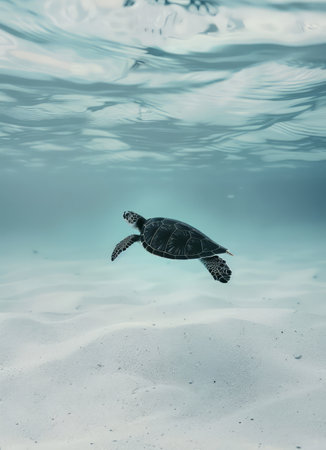 Green sea turtle swimming in the ocean. Underwater photo of sea animal.の素材