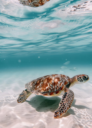 Green sea turtle swimming in the clear water of the Caribbean sea.の素材