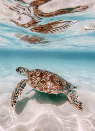 Hawaiian Green Sea Turtle (Chelonia mydas) in the waterの素材
