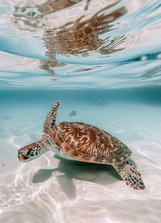 Hawaiian Green Sea Turtle swimming in the clear waters of the Pacific Oceanの素材