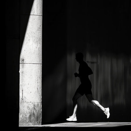 Silhouette of a man running in a dark corridor with shadowの素材