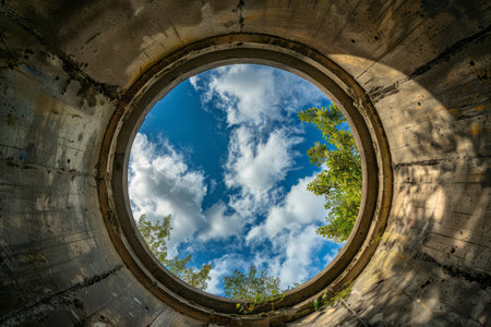 View of the sky through the porthole of a concrete pipeの素材