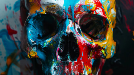 Skull painted with bright colors on a black background. Close-up.の素材