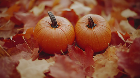 Two orange pumpkins on autumn leaves background. Halloween concept. tonedの写真素材