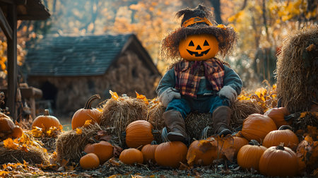Little boy in halloween costume sitting on pile of pumpkins