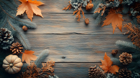 Fir tree branches, cones and autumn leaves on old wooden backgroundの写真素材