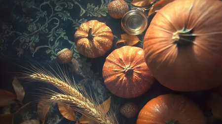 Autumn still life with pumpkins, wheat and honey on a dark backgroundの写真素材