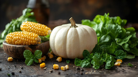 Fresh vegetables on dark rustic background. Pumpkin, corn, green salad, basil.の写真素材