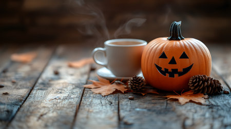 Halloween pumpkins and cup of coffee on wooden background with copy spaceの写真素材