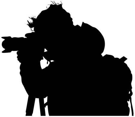 Vector silhouette of a woman with a camera on a white background.