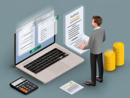 A businessman standing in front of a laptop, reviewing an invoice. The laptop displays digital documents and a calculator is nearby. Gold coins are stacked on the side, symbolizing finance.の素材