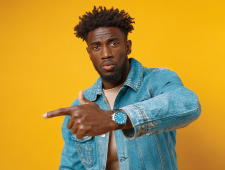 A young man with curly hair wearing a denim jacket and a watch, posing against a bright yellow background. He is pointing with his right hand, exuding confidence and style.の素材