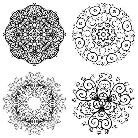 set of 4 abstract floral vintage round symmetric lace ornamentのイラスト素材