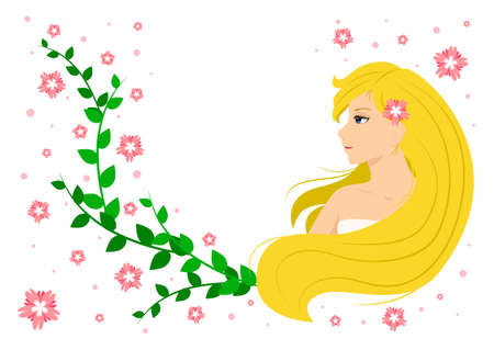 flat illustration of cute smiling blonde girl looking to the left with green leaves and pink flowersのイラスト素材