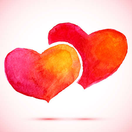vector watercolor background 2 pink, red and orange heartsのイラスト素材