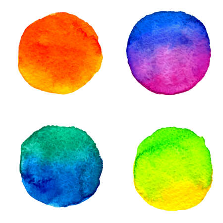 vector set 4 round watercolor colorful paint stains orange, yellow, green, pink, violet, blue, azure, cyan, ultramarine, purpleのイラスト素材