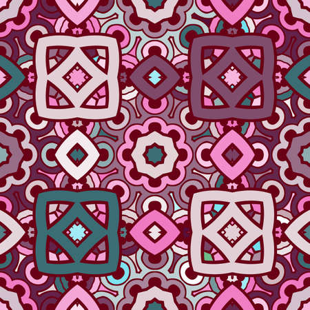 Vector seamless abstract kaleidoscope pattern in violet, turquoise and rosy colors