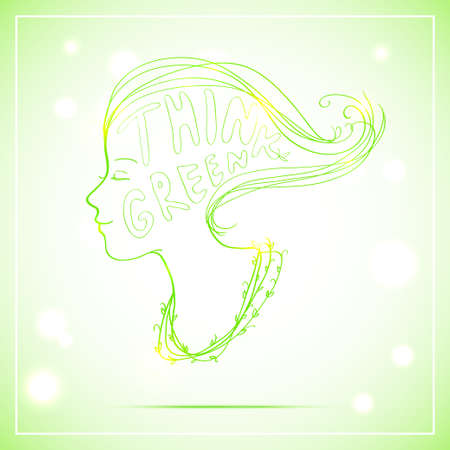 Vector illustration of woman head in side view with text "Think Green" on light bokeh background.のイラスト素材