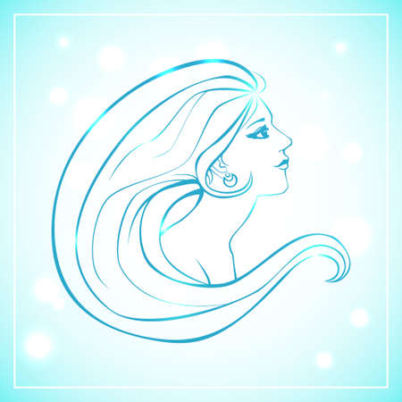 Vector illustration of woman bust in side view and with long hair. Blue lineart on light background with bokeh.のイラスト素材