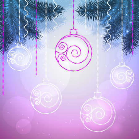 Vector holiday background with Christmas balls and fir trees in blue and violet colors.のイラスト素材