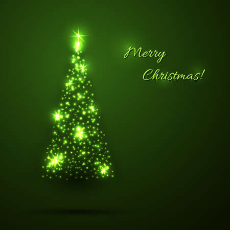 Vector green Christmas background with shining Christmas tree. Green fir-tree created from lights and stars.のイラスト素材