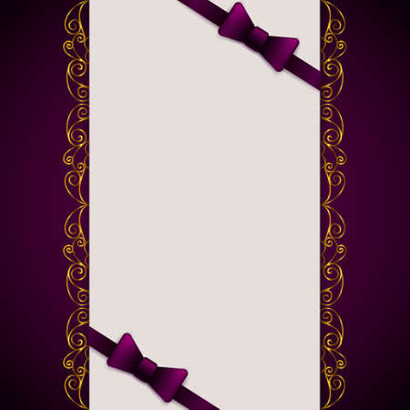 Dark violet vintage greeting card template with bow and ribbon. Vector wedding invitation design. Anniversary template design for any celebration. Marriage, birthday, christmas, baby shower flyer.のイラスト素材