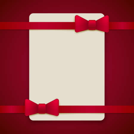 Red vintage greeting card template with bow and ribbon. Vector wedding invitation design. Anniversary template design for any celebration. Marriage, birthday, christmas, baby shower flyer.のイラスト素材