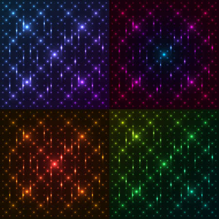 Set of bright, shining and glaring abstract patterns with circles. Beautiful decorative rounds on dark cosmic background.のイラスト素材