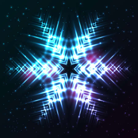 Bright, shining and glaring abstract snowflake. Beautiful decorative cosmic star on dark background.のイラスト素材