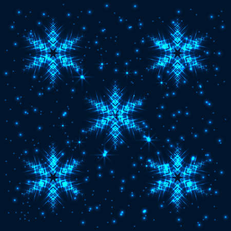 Bright, shining and glaring abstract background with 5 snowflakes. Beautiful decorative cosmic stars on dark background.のイラスト素材