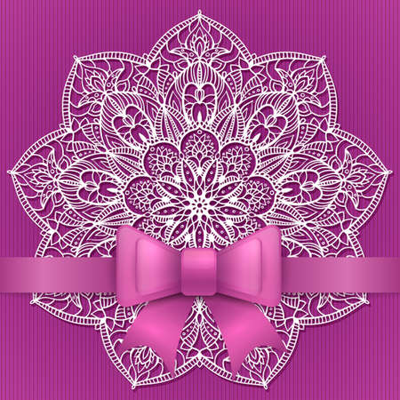 Purple vintage greeting card template with bow ribbon and lace mandala. Vector wedding invitation design. Anniversary template design for any celebration. Birthday, christmas, baby shower flyer.のイラスト素材