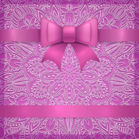 Purple vintage greeting card template with bow ribbon and laces. Vector wedding invitation design. Anniversary template design for any celebration. Marriage, birthday, christmas, baby shower flyer.のイラスト素材