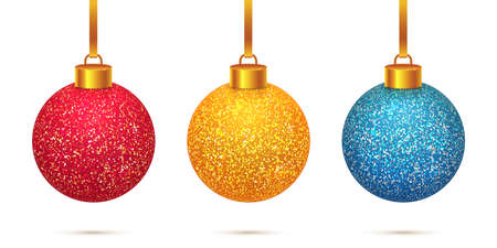 Vector set of 3 colorful sparkled and shining Christmas toys isolated on white background. Beautiful Xmas red, gold and blue crystal balls with frosted snow effect decorations.のイラスト素材