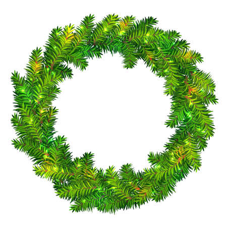 Beautiful vector Christmas wreath made of green fir tree branches with shiny sparkles isolated on white background. Traditional Xmas garland for holiday designs, banners, flyers, invitations, etc.のイラスト素材