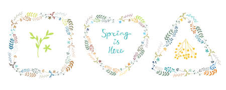 Beautiful vector set of floral spring wreaths in gentle colors isolated on white background. Spring Is Here lettering. Botanical garlands in square, triangle and heart shapes. Cute flower frames.のイラスト素材