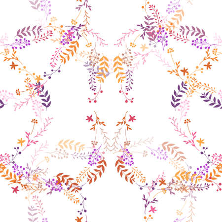 Vector seamless romantic pattern with abstract leaves, berries, flowers on white background. Repeating wallpaper. Hand drawn doodle illustration of spring plants. Texture design for surface, textile.のイラスト素材