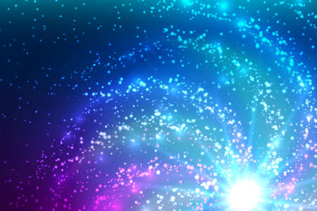 Beautiful abstract vector cosmic wallpaper. Fantasy sprial galaxy concept illustration. Shiny solar system on black background. Glowing star and abstract stardust particles.のイラスト素材