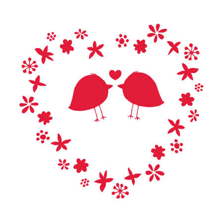 Beautiful romantic vector illustration with couple of birds in love and flower wreath for Valentine Day designs. Red hand drawn floral silhouette elements isolated on white background. Cute card.のイラスト素材
