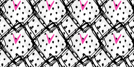 Abstract vector seamless pattern in black, gray, white and pink colors. Grunge memphis background....