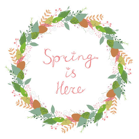 Beautiful vector floral spring wreath in gentle colors isolated on white background. Spring Is Here lettering. Botanical round garland. Flower circle frame. Cute abstract hand drawn flowers & leaves.のイラスト素材