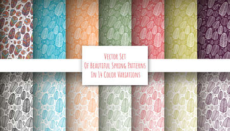 Vector set of beautiful spring seamless pattern in 14 color variations. Repeating wallpapers. Hand drawn illustration with abstract leaves. Texture design for surface, fabric and textile.のイラスト素材