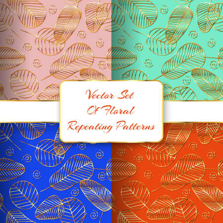 Vector set of floral repeating patterns. Seamless textures made of golden leaves on pink, teal blue, royal blue and orange backgrounds. Botanical wallpapers.のイラスト素材