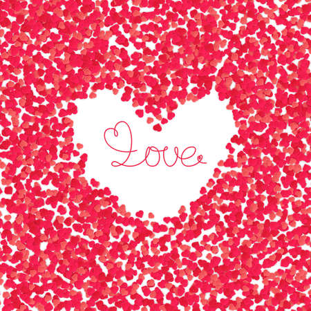 Greeting card for Valentine day made of scattered small confetti hearts and LOVE lettering on white background. Romantic design for wedding invitations.のイラスト素材