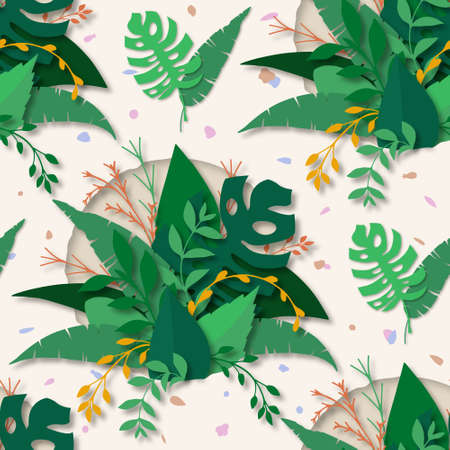 Seamless pattern in paper cut style made of green and orange abstract and tropical plants. Monstera...