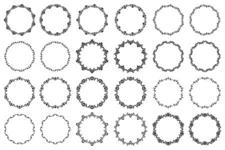 Vector set of black round floral frames isolated on white background. Beautiful romantic decoration elements for monograms, wedding invitations, gift cards, banners. Elegant wreaths.のイラスト素材