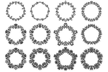 Vector set of black round floral frames isolated on white background. Beautiful romantic decoration elements for monograms, wedding invitations, gift cards, banners. Elegant wreaths.のイラスト素材