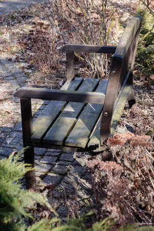 The dirty garden in the early spring. Arrange the garden after the winter snow. Sit down and think Brown garden bench, a cobbled track.の写真素材
